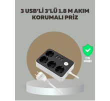 4 Prizli 3 USB Portlu Anahtarlı Akım Korumalı Priz