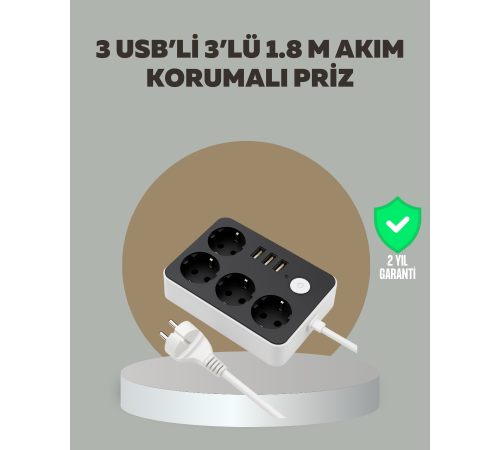 4 Prizli 3 USB Portlu Anahtarlı Akım Korumalı Priz