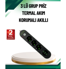 Akım Korumalı Anahtarlı USB Girişli Üçlü Priz