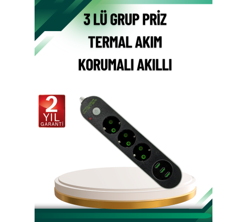 Akım Korumalı Anahtarlı USB Girişli Üçlü Priz