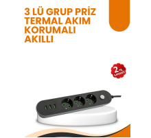 2 Metre Kablolu 3 USB Portlu Anahtarlı Üçlü Priz