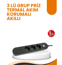 2 Metre Kablolu 3 USB Portlu Anahtarlı Üçlü Priz