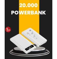 LED Işıklı 20.000mAh Powerbank LCD Gösterge Dahili Çoklu Kablo