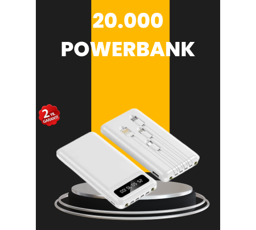 LED Işıklı 20.000mAh Powerbank LCD Gösterge Dahili Çoklu Kablo