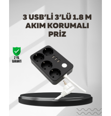 4.1A Hızlı Şarjlı Akım Korumalı 4 Priz ve 3 USB Çıkışlı Priz