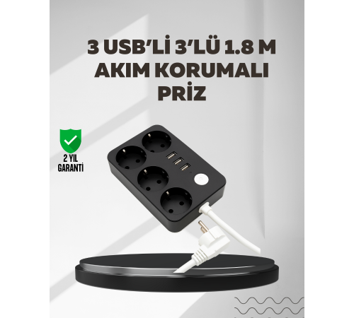 4.1A Hızlı Şarjlı Akım Korumalı 4 Priz ve 3 USB Çıkışlı Priz