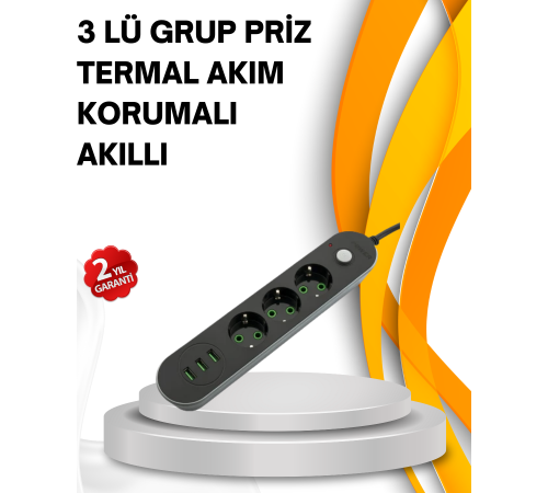 Hızlı Şarj Özellikli 3 USB Girişli Üçlü Priz