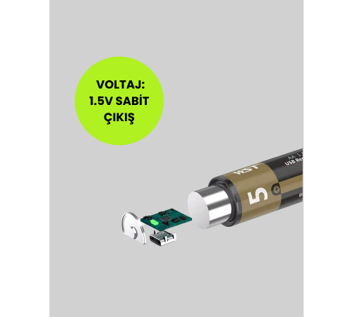 USB Type-C ile Hızlı Şarj Edilebilen AA Lityum Pil