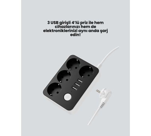 3 USB Çıkışlı 4’lü Akıllı Priz 2500W 2 Metre Kablo 3 USB Çıkışlı 4’lü Akıllı Priz 2500W 2 Metre Kablo
