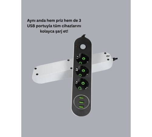 3 USB Çıkışlı Hızlı Şarjlı Anahtarlı Üçlü Priz 3 USB Çıkışlı Hızlı Şarjlı Anahtarlı Üçlü Priz