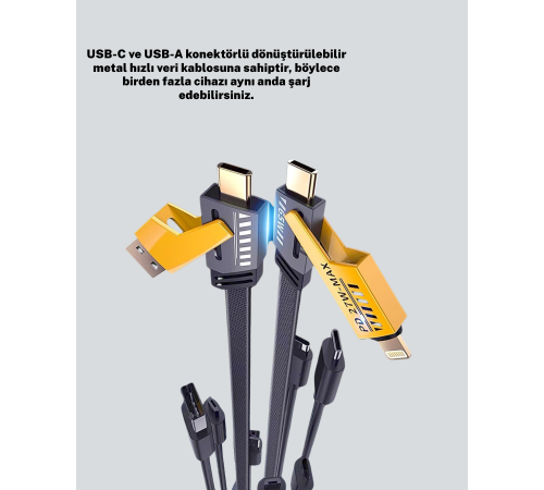 Örgülü Tasarım 4’ü 1 Arada USB-C Lightning Hızlı Şarj Kablosu
