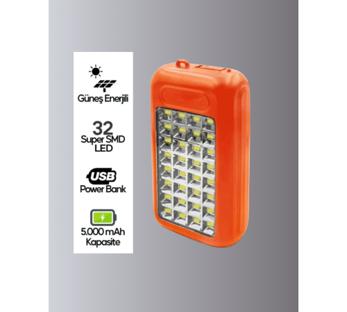 Güneş Paneli ile Şarj Olan 32 LED’li Powerbank Cihazı