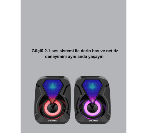 USB Bağlantılı RGB 2.1 Hoparlör Seti Derin Bas ve Renkli Işık