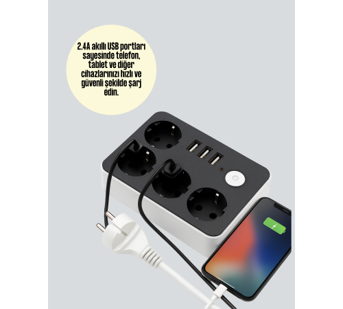 3 USB Çıkışlı 4’lü Akıllı Priz 2500W 2 Metre Kablo 3 USB Çıkışlı 4’lü Akıllı Priz 2500W 2 Metre Kablo