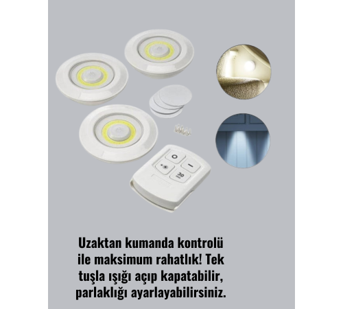 Çok Amaçlı Kullanım İçin Kablosuz Yapışkanlı 3 Lü Uzaktan Kumandalı Led Spot Lamba