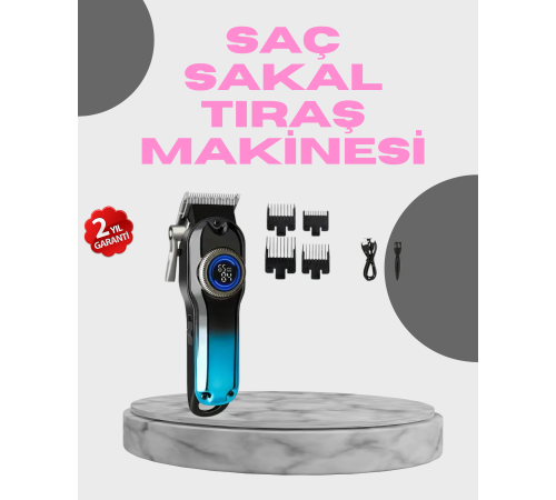 Profesyonel Saç Kesme Makinesi – 2000 mAh Şarjlı, LCD Ekranlı