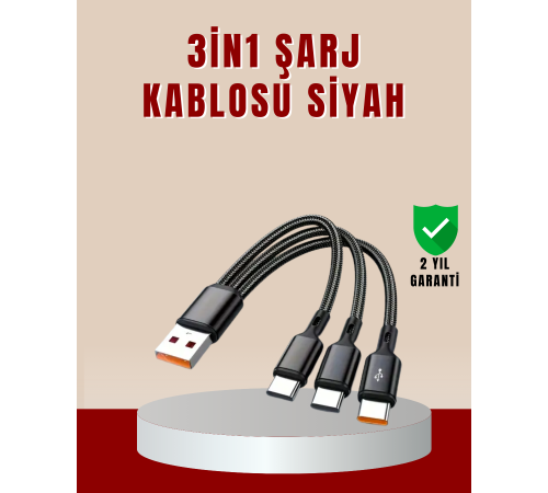 3’ü 1 Arada Hızlı Şarj Kablosu – iOS Android Type-C Uyumlu