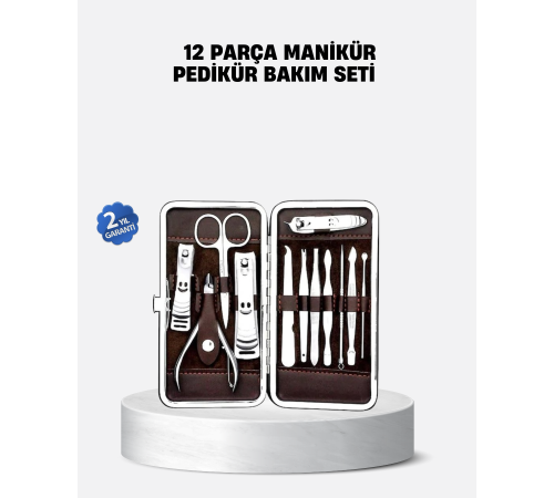 Özel Deri Çantalı 12 Parça Manikür Pedikür Bakım Seti Paslanmaz Çelik