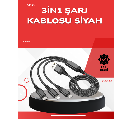 Dayanıklı Metal Başlıklı 3’ü 1 Arada Şarj Kablosu – Tüm Cihazlarla Uyumlu