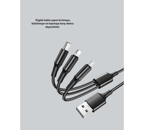 3’ü 1 Arada Hızlı Şarj Kablosu – iOS Android Type-C Uyumlu