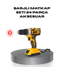Çift Bataryalı Darbeli Şarjlı Matkap Seti – Metal Dişli, 24 Parça Aksesuar ve LED Işıklı