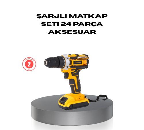 Çift Bataryalı Darbeli Şarjlı Matkap Seti – Metal Dişli, 24 Parça Aksesuar ve LED Işıklı