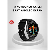 AMOLED Ekranlı Akıllı Saat – 3 Kordon Seçenekli, Suya Dayanıklı, Kalp Atış ve Uyku Takip Özellikli