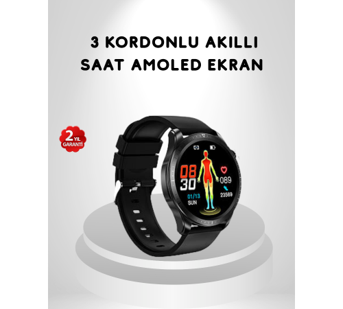 AMOLED Ekranlı Akıllı Saat – 3 Kordon Seçenekli, Suya Dayanıklı, Kalp Atış ve Uyku Takip Özellikli