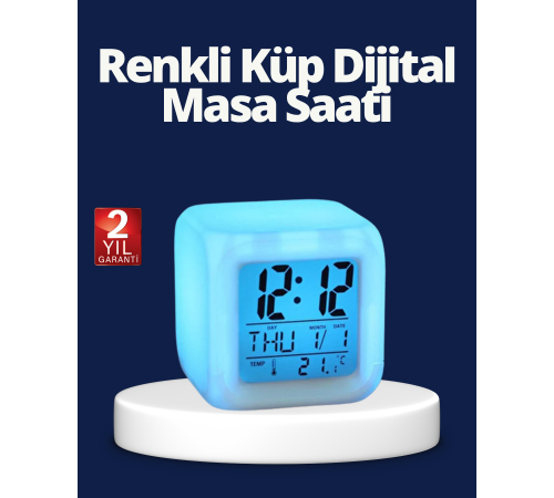 Renk Değiştiren LED Alarmlı Dijital Küp Masa Saati