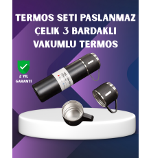 Paslanmaz Termos ve İkili Bardak Seti | 6-12 Saat Sıcak/Soğuk Tutma