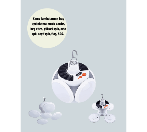 Güneş Paneliyle Şarj Olan Katlanabilir LED Çadır Lambası – 5 Kademeli Aydınlatma