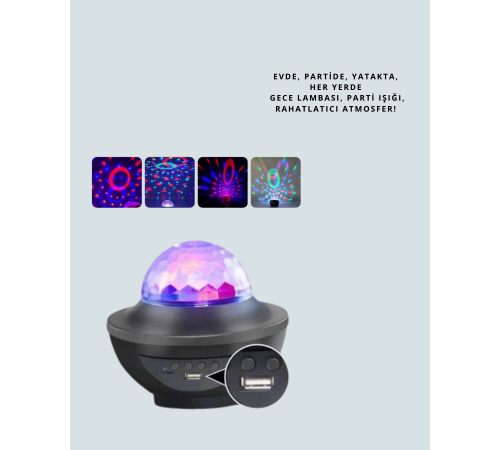Sesle Etkileşimli Yıldız Projektörlü Gece Lambası – Bluetooth Hoparlörlü, USB Girişli, Dönen Okyanus