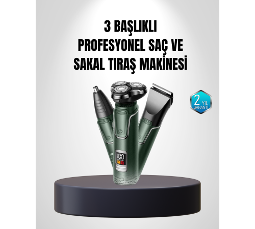 3D Akıllı Kesim Teknolojili Şarjlı Tıraş Seti – 3 Başlıklı, Paslanmaz Çelik Bıçaklı