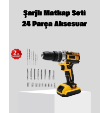 24 Parça Çift Bataryalı Akülü Darbeli Matkap – Güçlü Motor, Metal Dişli, LED Işıklı