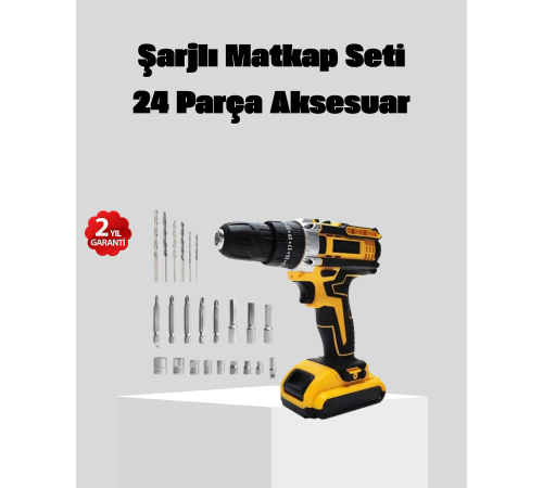 24 Parça Çift Bataryalı Akülü Darbeli Matkap – Güçlü Motor, Metal Dişli, LED Işıklı