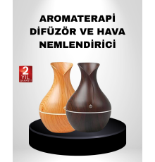 Aromaterapi Difüzör Ahşap Desenli ve Ultrasonik Nemlendirici LED Işıklı