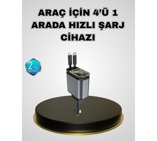 Araç Şarj Adaptörü 66W PD QC Hızlı Şarjlı ve Çekilebilir Kablolu