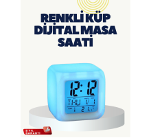 Termometre ve Takvim Özellikli 7 Renk Değiştiren Küp Alarm Saati