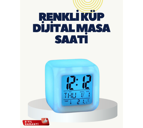 Termometre ve Takvim Özellikli 7 Renk Değiştiren Küp Alarm Saati