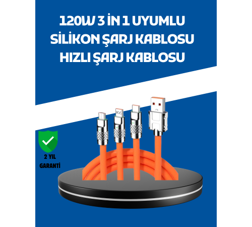 120W Şarj Destekli 3’ü 1 Arada Çoklu Şarj Kablosu – 1.2 Metre