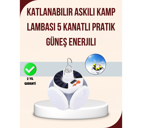 Güneş Enerjili USB Şarj Edilebilir 5 Modlu Katlanabilir LED Kamp Işığı