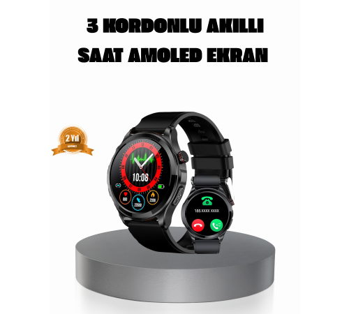 AMOLED Ekranlı Smartwatch – 3 Kordonlu, Kalp Atış & Uyku Takipli Akıllı Saat