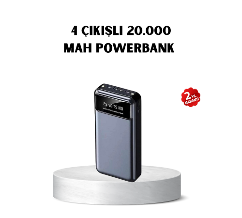 Powerbank 20000 mAh Hızlı Şarjlı LED Fenerli ve 4 Portlu