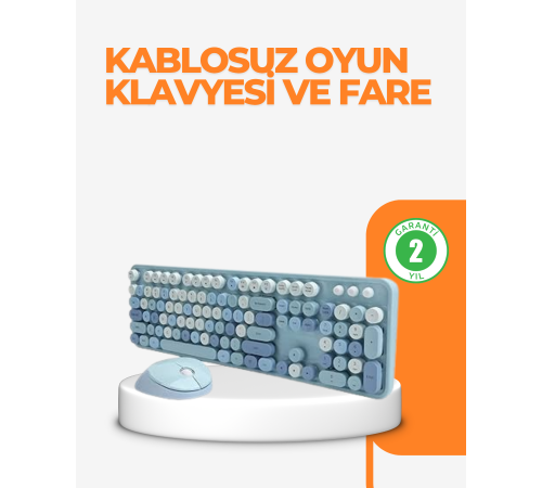 Kablosuz Retro Klavye ve Mouse Seti – 104 Tuşlu Sevimli Tasarım
