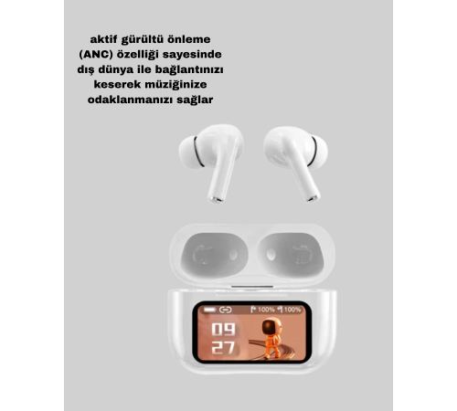 Dokunmatik Ekranlı Bluetooth Kulaklık – ANC, Suya Dayanıklı, Powerbank Kutulu