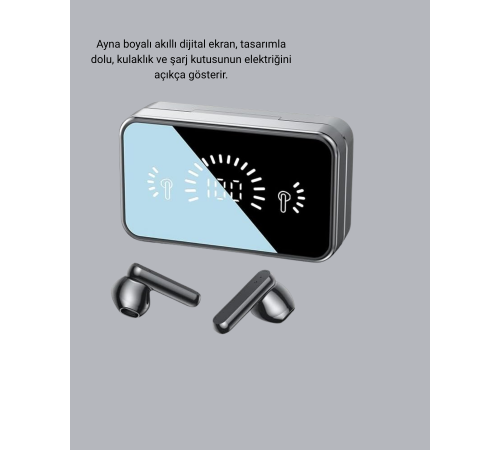 Ayna Ekranlı Bluetooth 5.1 Kablosuz Kulaklık – 3500 mAh Şarj Kutusu, Suya Dayanıklı