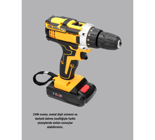 24 Parça Çift Bataryalı Akülü Darbeli Matkap – Güçlü Motor, Metal Dişli, LED Işıklı