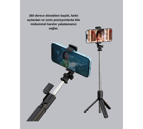 Bluetooth Selfie Çubuğu – 360° Dönebilen Başlık, Kablosuz Bağlantı