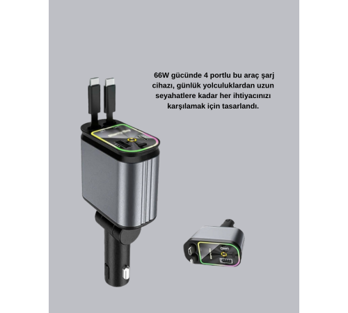 Araç Şarj Cihazı 66W 4 Portlu Hızlı Şarj ve LED Işıklı