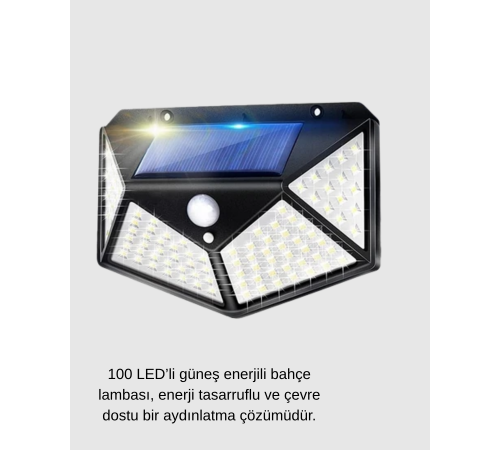 100 LED Güneş Enerjili Bahçe Lambası – PIR Sensörlü, IP65 Su Geçirmez Dış Mekan Aydınlatma